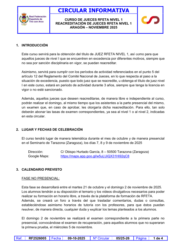 CIRCULAR CURSO JUECES NIVEL 1 ARAGÓN OCTUBRE - NOVIEMBRE 2025
